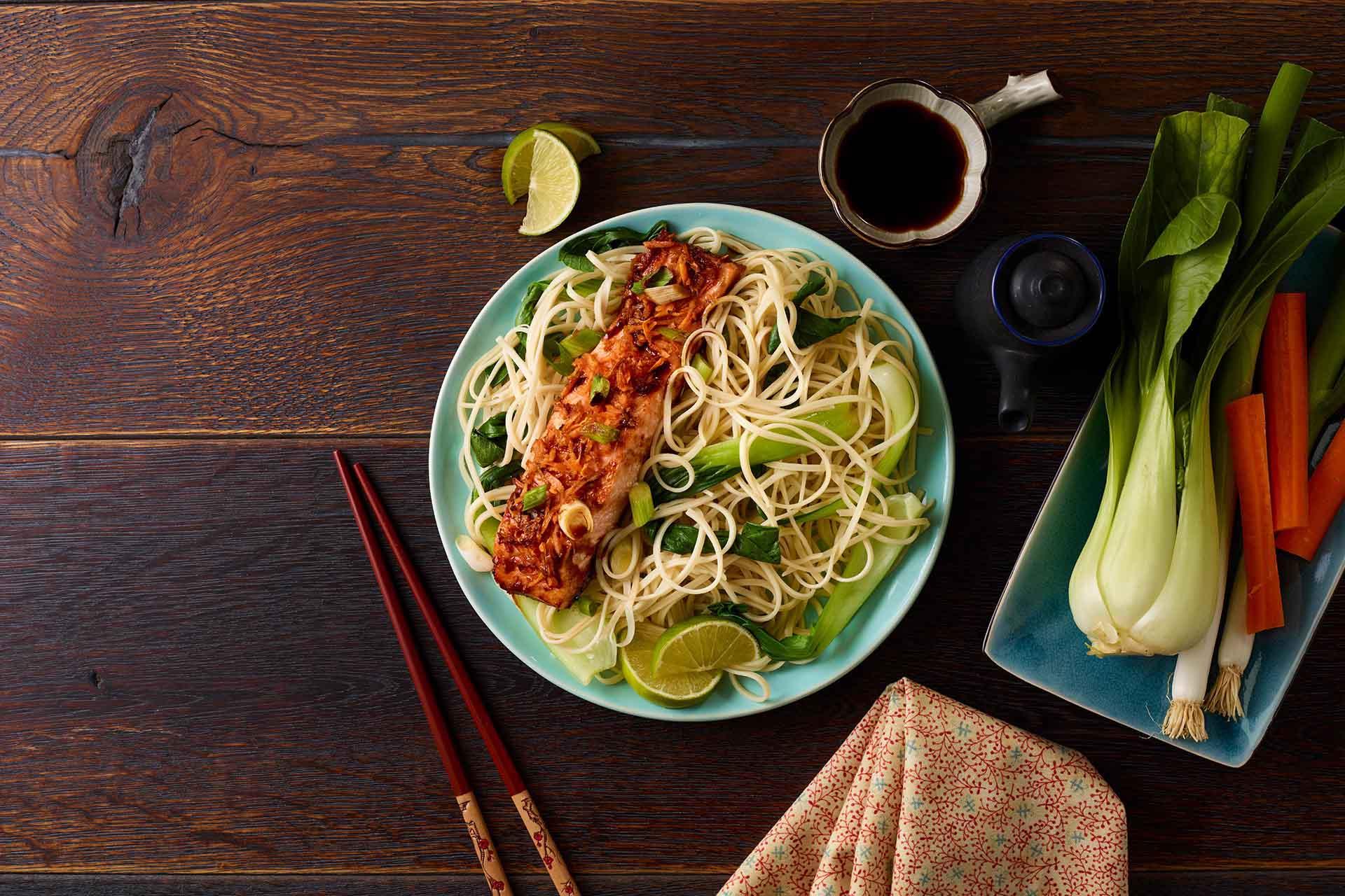 Teriyaki Glazed Roasted Salmon with Egg Noodles and Asian vegetables