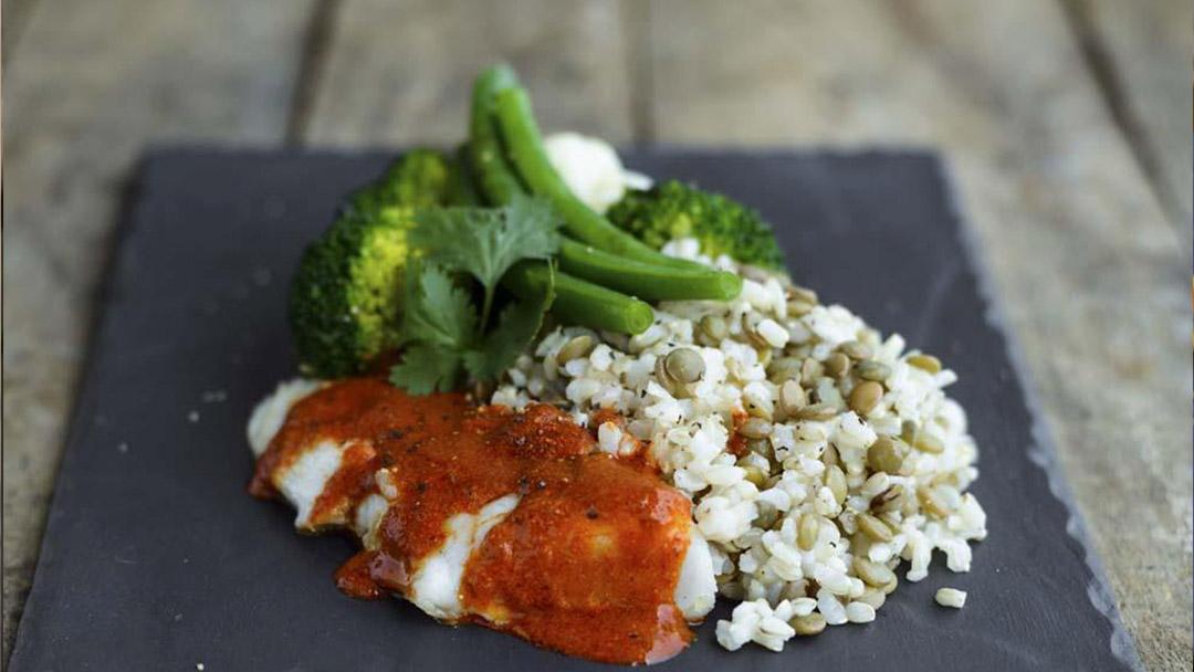 Baked Hake with curried vegetables and Brown Rice 